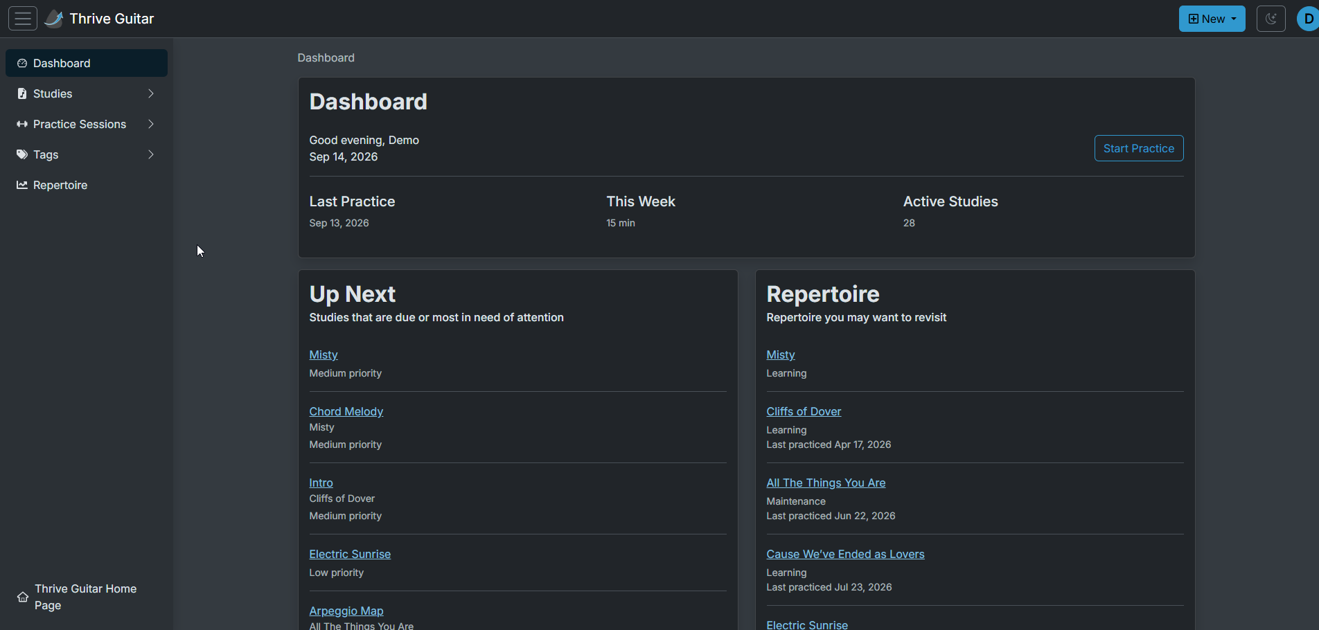 Thrive Guitar dashboard screenshot